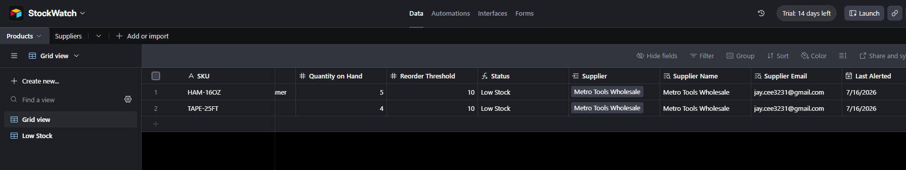Airtable Products table showing the full schema: SKU, Name, Quantity on Hand, Reorder Threshold, Reorder Quantity, linked Supplier, formula-based Status column, and Last Alerted date.