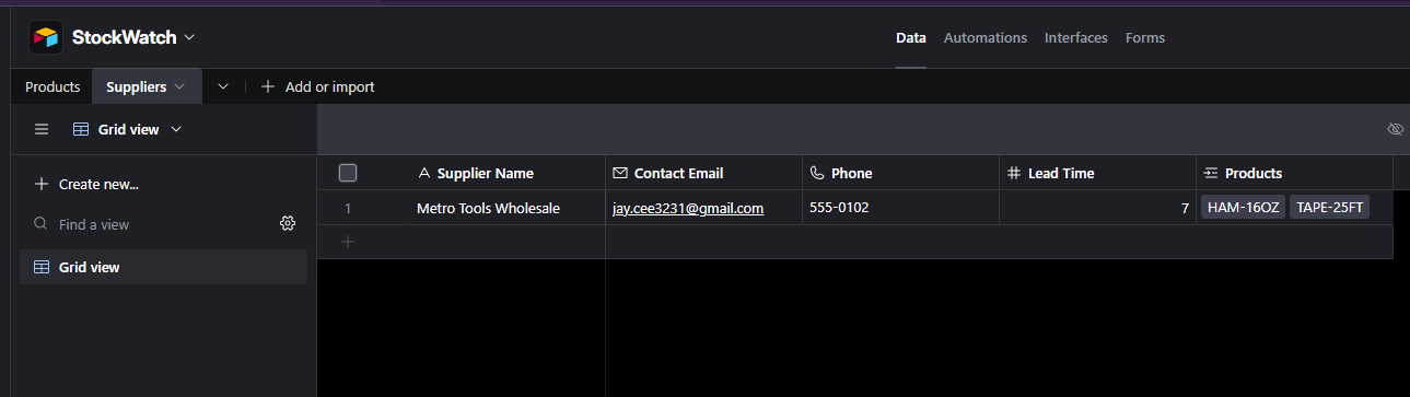Airtable Suppliers table with Supplier Name, Contact Email, Phone, and Lead Time — linked to Products via Airtable's Link to Record field.